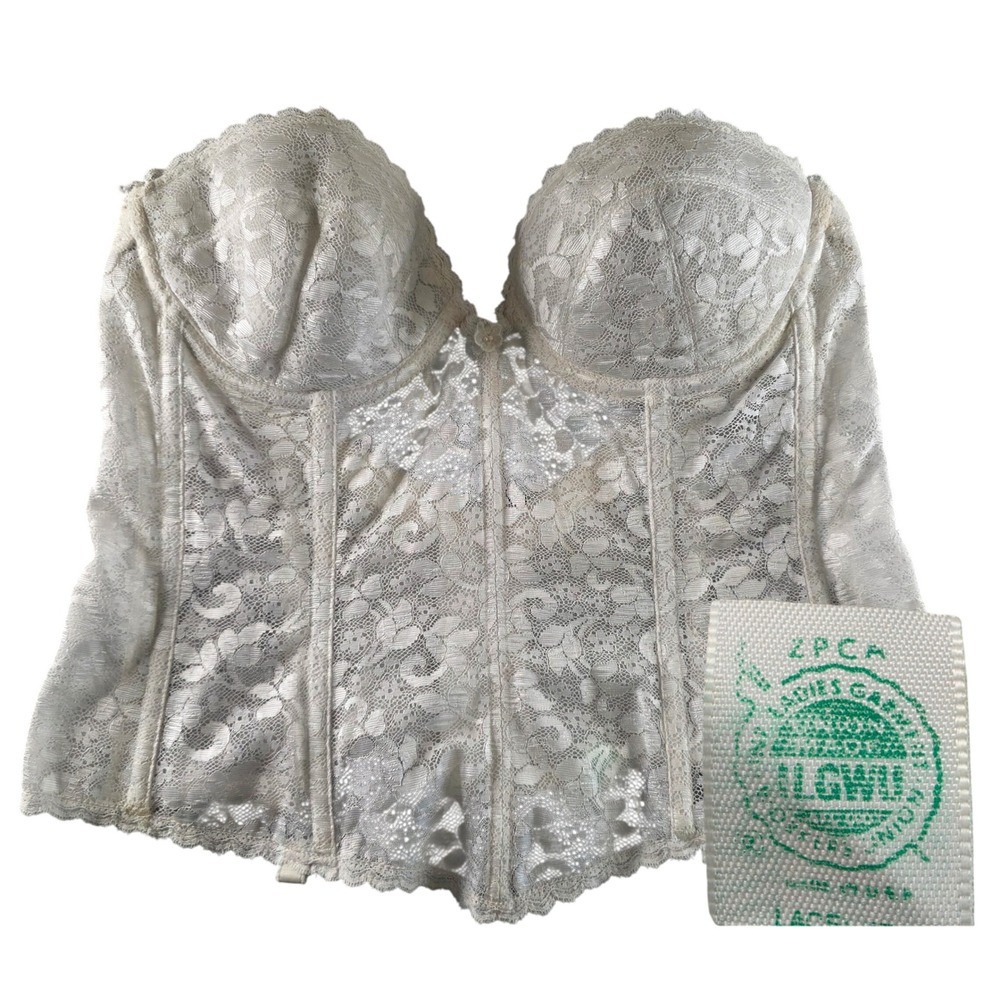 Vintage Carnival‎ White Lace Corset Bustier Top Strapless ILGWU Union Made 38B